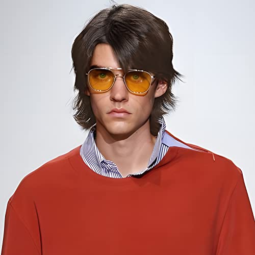 Image of Creamily Short Curly Hair Big Wig for Man,Brown Natural Cosplay for Men,Realistic Man Hair Wig,Layered Fluffy Wolf Cut Wigs (Brown, 10inches)