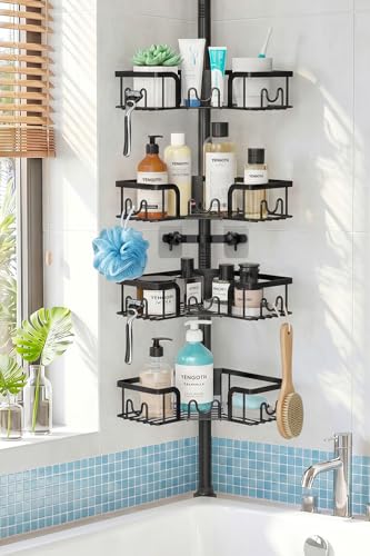 YENGOTH Corner Shower Caddy with Tension Pole 4-Tier Rustproof Bathroom Organizer Shelves No-Drill Adjustable Shower Storage Rack 42115 Inches Space-Saving Floor Standing Shower Organizer