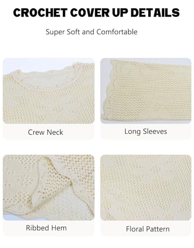 Women’s Crochet Cover Up Summer Long Sleeve Knit Bathing Suit Mesh Tops - image 3