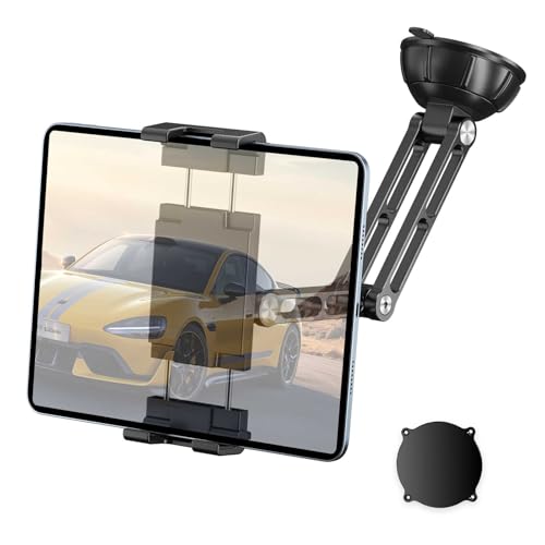 PLDHPRO Aluminum Alloy Tablet Car Mount for Dashboard Windshield, Heavy Duty Truck Suction Cup Stand, Large Clamp, Thick Case Friendly, Fits 5.1-15.6'' iPad Pro/Air/Mini, Galaxy Tabs