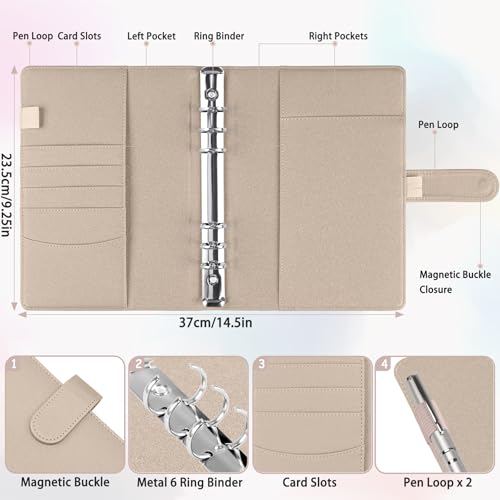 Image of Antner A5 Notebook Binder with 6-Ring Photocard Cover, PU Leather Refillable Budget Binder Loose Leaf Personal Organizer, Magnetic Buckle, Glitter Gold