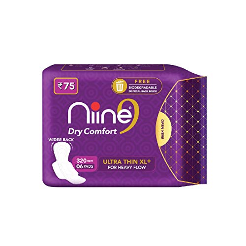 Image of NIINE Dry Comfort Ultra Thin XL+ Sanitary Napkins for Heavy Flow (Pack of 9) 54 Pads with Free Biodegradable disposable bags