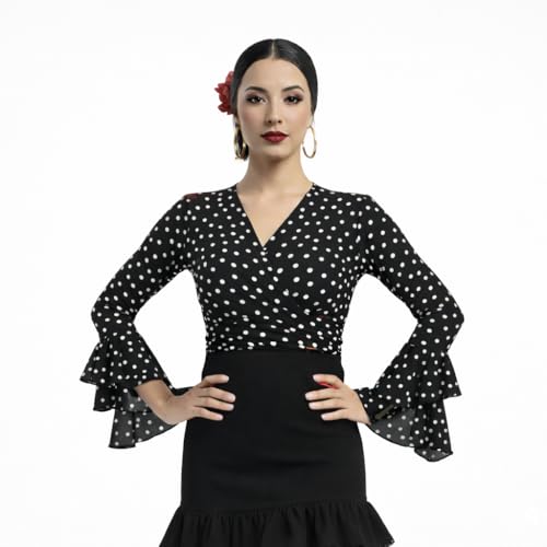 Bolero Torera Top Cruzado Flamenco Tejido elástico Manga Larga con Dos Volantes (FR/ES, Letras, M, Regular, Regular, Negro Topo Blanco)