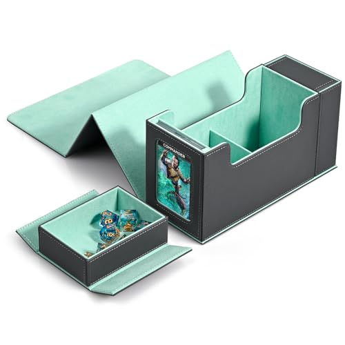 Zlca Mtg Commander Deck Box With Display Window,Card Deck Box With Dice Tray & 35Pt Card Brick,Fits 200 Double-Sleeved Cards-Grey&Green cover