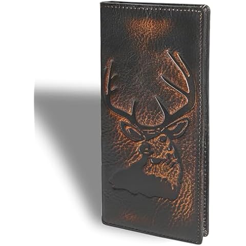 DK86 Deer Long Wallet For Men Full Grain Leather with Hand Burnished Rfid Blocking Rodeo Wallet Bifold Wallet Deer Wallet, Black and Orange Cover