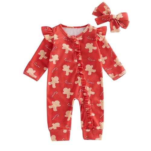 Image of Omkzanbi Baby Girl Boy Christmas Outfit Gingerbread Man Jumpsuit Candy Cane Bodysuit Bow Neutral Fall Winter One Piece Romper (Red, Newborn)