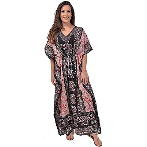 Sharvgun Women Kaftan Night Dress Kimono Caftan Beach Maxi Boho Long Top Tunic Cover Up Elephant Design Casual Black Cover