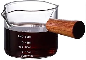 BCnmviku 75ml Espresso Cup,Small Measuring Jug Wooden Handle for Barista1 | for coffee,milk,latte,ml/oz scales for espresso extraction,latte art & home coffee brewing,double v-spouts