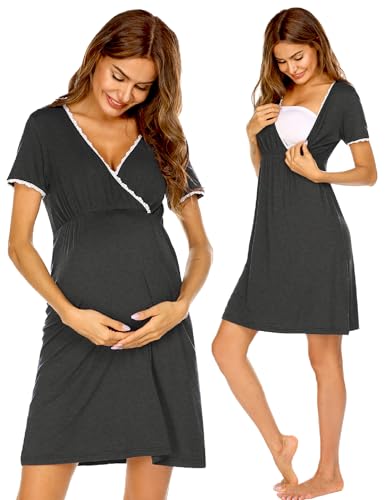 Image of Ekouaer Nursing Nightgown Delivery and Labor Gown for Hospital Short Sleeve Maternity Breastfeeding Dress
