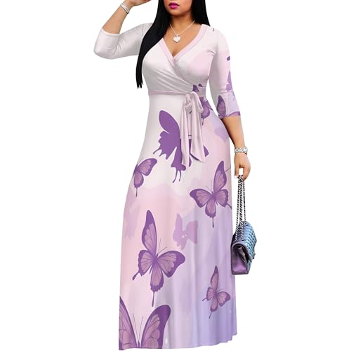 Image of PinkPatty Plus Size Maxi Dresses for Women Casual Flowy Long Dress 3 /4 Sleeve V Neck Wrap Dress with Belt