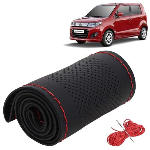 Image of KINGSWAY PU Leatherite Car Steering Cover Sewable Compatible with Maruti Suzuki Wagon R Stingray (Year 2014-2018), Black Color with Red Thread, Pack of 1 with Sewing Needle and Thread
