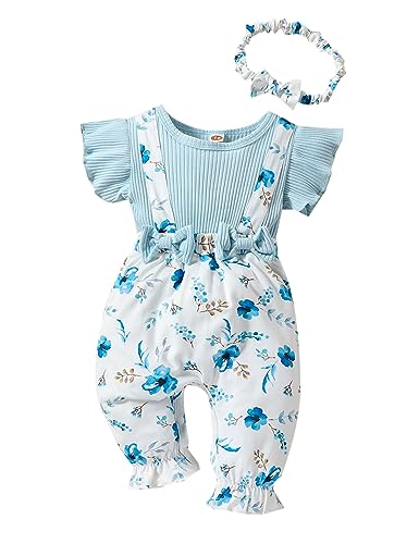 Image of ROSEBEAR Baby Girl Clothes Romper Jumpsuit Newborn Short Sleeve Ruffle Floral Suspender Pants Blue Infant Summer Outfits 6-12 months