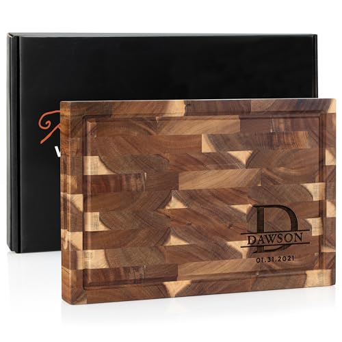 Tabla de Cortar de Madera de Acacia con Grabado Personalizado – Tabla de Carcasa Final con Nombre y Fecha, Diseño de Esquina con Ranura para Jugos – Ideal como Regalo para Boda, Bodas o Inauguración de Hogar, 2 Tamaños miniatura 1