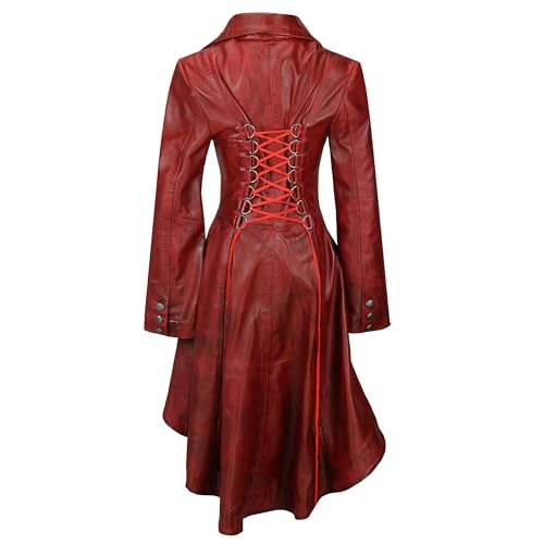 Edwardian Ladies Real Leather Long Red Victorian Gothic Style Coat3