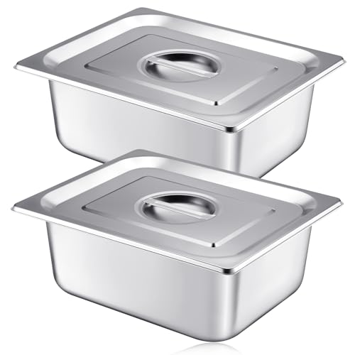 Image of Mifoci 2 Pack Stainless Steam Hotel Pan with Lid, 1 /2 Size x 4 Inch Deep Steam Table Pan Restaurant Supplies Reusable Anti Rust Steam Pan Water Pan for Home, Party, Restaurant, Hotel, Buffet