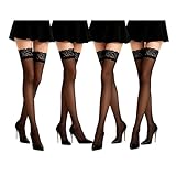 HcvGcm Strapsstrümpfe, Halterlose Strümpfe Für Damen, 4 Paar Overknee Netzstrümpfe Mit Spitze, Elastische Oberschenkel Strümpfe, Rutschfeste Nylonstrümpfe Für Party Und Alltag, Schwarz
