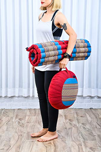 Image of Leewadee Meditation Cushion Set - 1 Round Zafu Meditation Pillow and 1 Square Roll-Up Zabuton Meditation Mat, Pillows Bundle Filled with Kapok