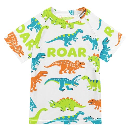 Cartoon Dinosaur Roaring Orange Black Short Sleeve Kids Bathing Suits Boys Big Girls Swimsuits Girls Rash Guard Top for 3-12 Years Traje de bano para nino