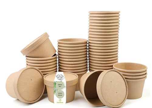 DeinPack 250 gobelets à soupe à emporter avec couvercle marron 230 ml 8oz avec revêtement intérieur gobelets à soupe 250 gobelets jetables bio avec couvercle | gobelets à glace avec couvercle