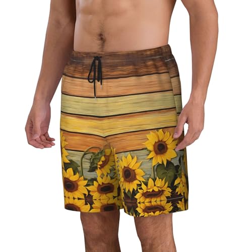 Paint Wooden Board Sunflower Print Men's Beach Pants Lightweight Quick-Dry Swim Pants with Mesh Lining for Men2