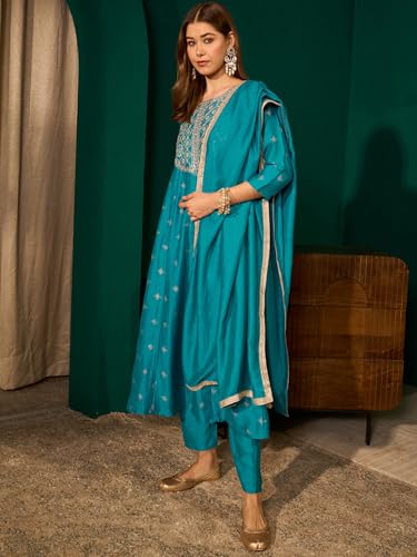 Image of Naixa Women'sSilk Embroidered Printed A-Line Kurta with Pant |Silk Laced Dupatta Set | 3 /4 Sleeve | Round Neck | Festive (Available in Plus Size)