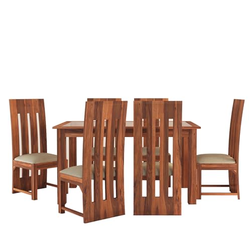 Image of SONA ART & CRAFTS Solid Sheesham Wood Dining Table 6 Seater Dining Table Set with 6 Cushion Chairs & Glass Top Dinner Table Set for Dining & Living Room Furniture for Home Restaurants (Teak Finish)