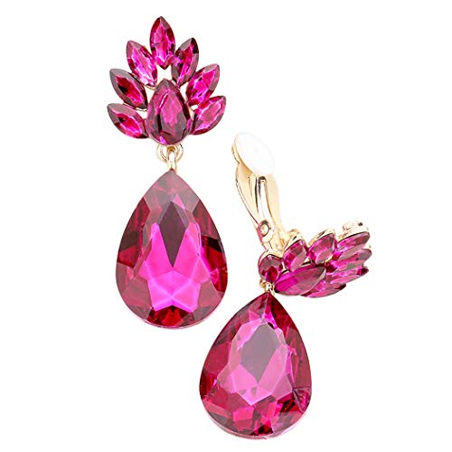 Rosemarie Collections Women's Statement Flower Petal Marquis Leaf Large Glass Crystal Teardrop Clip on Earrings (Fuchsia/Gold Tone)