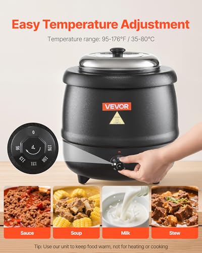 Image of VEVOR Electric Soup Warmer, 10QT Commercial Soup Kettle with 304 Stainless Steel Detachable Insert Pot, 95~176F Adjustable Temperature, Soup Station for Restaurant and Big Family, Black