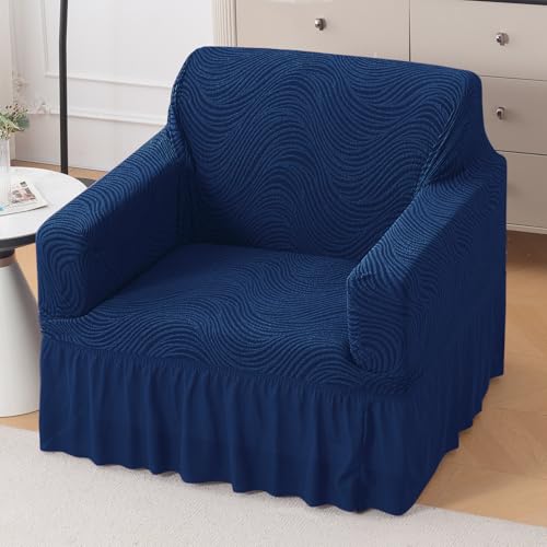 Image of HOKIPO 240 GSM Premium Jacquard Sofa Cover 1 Seater Fully Covered, 'Serene Wave Series' Navy Blue (AR-6352-NBL)