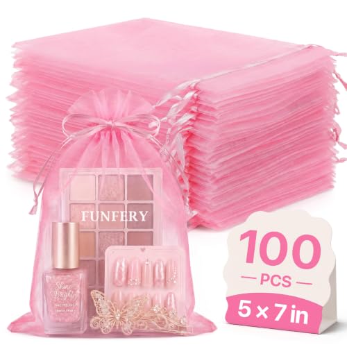 Image of FUNFERY 100PCS Pink Organza Gift Bags 5x7in,Drawstring Pouch for Jewelry