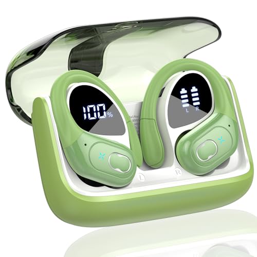 Aptkdoe Wireless Earbuds, 75H Bluetooth 5.3 Headphones with ENC Noise Cancelling Mic, Deep Bass Wireless Earphones, Dual LED Display, IP7 Waterproof, Green Sports Ear buds with Ear hooks for Running