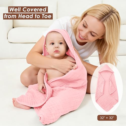 Image of Ease Cubs 3-Pack Muslin Hooded Baby Towels, 100% Cotton, Ultra-Soft & Absorbent Baby Bath Towels with Hood for Babies, Infant, Toddler and Newbron (Pink and Sakura Series,32 inch x 32 inch)