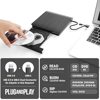 ROOFULL External CD DVD +/-RW Drive for Laptop Mac, USB 3.0 & USB-C CD DVD Disc Reader Writer Burner CD-ROM Portable DVD Player with Carrying Case for Windows 11/10 PC MacBook Pro Linux Computer