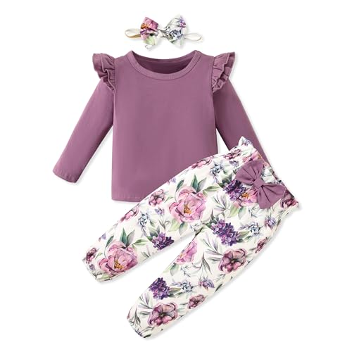 Image of SANMIO Toddler Girl Clothes Cute Ruffle Sleeve Shirt Floral Pants Headband | 3Pcs Fall Winter Outfits Kids Girls Clothing Set 1-6T