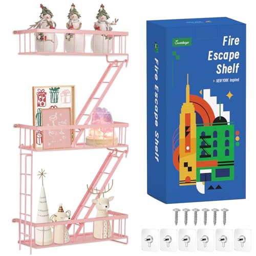 SweetSage Fire Escape Shelf - Pink Wall Decor Floating Shelves Cute Metal Ladder Shelving for Bedroom Home Decor Display (3-Tier)