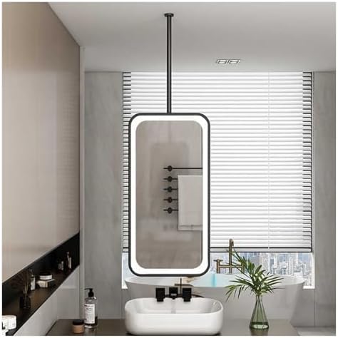 Black Ceiling-Mounted LED Double-Sided Mirror with Touch Control, 360° Rotation, Adjustable Brightness, Perfect for Bathrooms, Living Rooms, and Entryways (60x90cm)