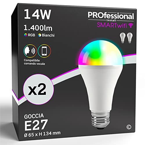Eurocali 2x Lampadine LED Smart Wifi E27 14W Alexa Google Dimmerabili Opaca (1400 lumen pari a 85W) Goccia Luce Bianchi + RGB Fascio Luminoso 200
