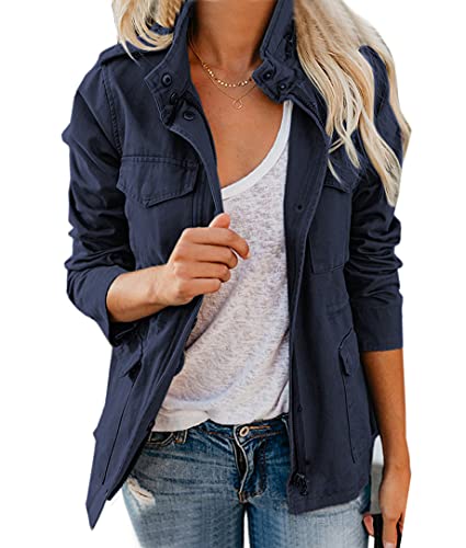 chouyatou Women's Fall Stand Collar Zip Up Military Cotton Utility Safari Jacket (X-Large, Navy Blue)