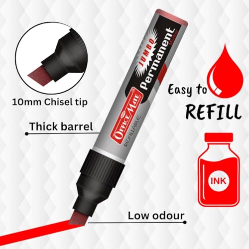 Image of Soni Officemate Jumbo Permanent Marker| Pack of 2 (Red)|Smudge-Free, Low Odor | Extra-Wide 10mm Chisel Tip | Refillable