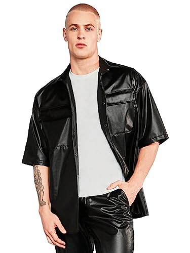 WDIRARA Men's Pu Leather Flap Pocket Button Up Drop Soulder Half Sleeve Shirt Casual Oversized Tops