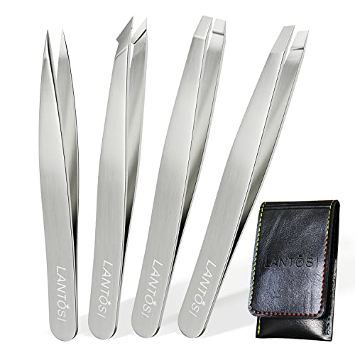 Lantosi Tweezers Set- Eyebrows Tweezers for Women and Men, Lash Tweezers, Professional Stainless Steel Tweezers for Grabbing Facial Hair, Ingrown Hair, Splinter Remover with Travel Case