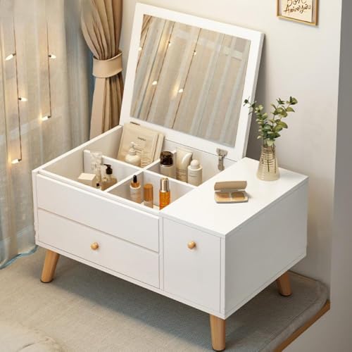 fancyflyドレッサー 化粧台 鏡台 メイク台 化?台 ローテーブル ドレッサーテーブル 1台2役 収納付き 引き出し付き ドレッサー テーブル ロータイプ おしゃれ (60*40*38cm,ホワイト)