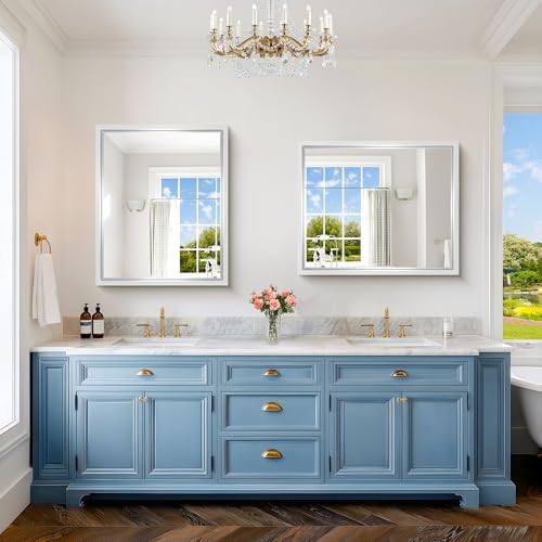 Image of 36x30 Silver Bathroom Mirror, Brushed Silver Rectangular Mirror for Wall, 0.6 inch Thickened Deep Frame Mirrors for Bathroom Sink, Shatterproof Tempered Glass, Antirust, Horizontally or Vertically
