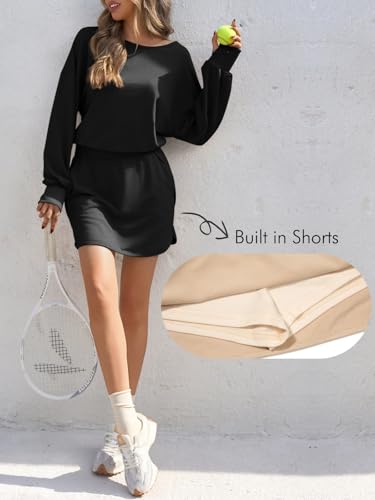 Fisoew Womens Long Sleeve Athletic Dress Backless Keyhole Built-in Shorts Oversized Workout Active Dresses4