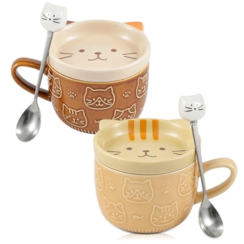 BORDEAG Tasses à Café En Forme De Chat: Lot De 2 300 Ml Tasse De Chat En Céramique, Mug Chats Avec Couvercle Et Cuillère à Chaton Pour Cadeaux De Noël,...