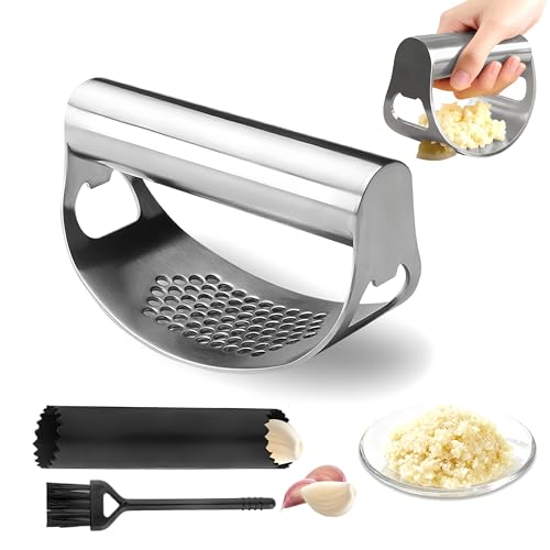 Garlic Press Rocker,Stainless Steel Garlic Mincer,Garlic Crusher w/Ergonomic Handle,Built-in Bottle Opener,Garlic Chooper with Peeler&Cleaning Brush,Essentials Kitchen Gadgets for Effortless Smashing