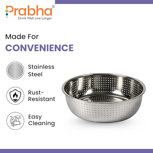 Image of Prabha Colander Stainless Steel Strainer Sieves 30cm | Kitchen Strainer with Handle-Essential Kitchen | Colanders Bowl, Basket | Colander for Rice Straining Washing Fruits, Vegetables, Silver
