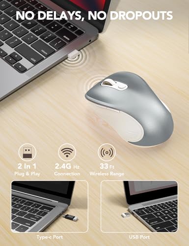 Image of Trueque Wireless Mouse for Laptop, Ergonomic 6-Button Mouse, Silver Grey | 2.4GHz USB receiver, back /forward buttons, 3 adjustable DPI levels, silent clicks, USB-C adapter, Windows /Mac /Chrome OS /Linux