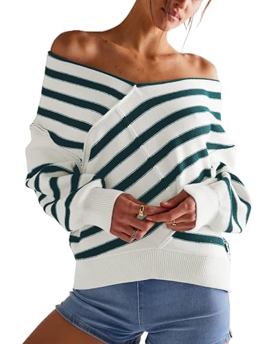 Image of Womens Oversized Off Shoulder Sweaters Striped Loose V Neck Cropped Long Sleeve Color Block Knitted Pullover