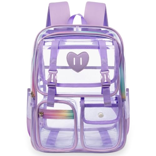 Ujemin Clear Backpack for Girls Women Heavy Duty Transparent Bookbag School Backpack with Mesh Pockets Stadium Approved See Through Backpack (Purple)